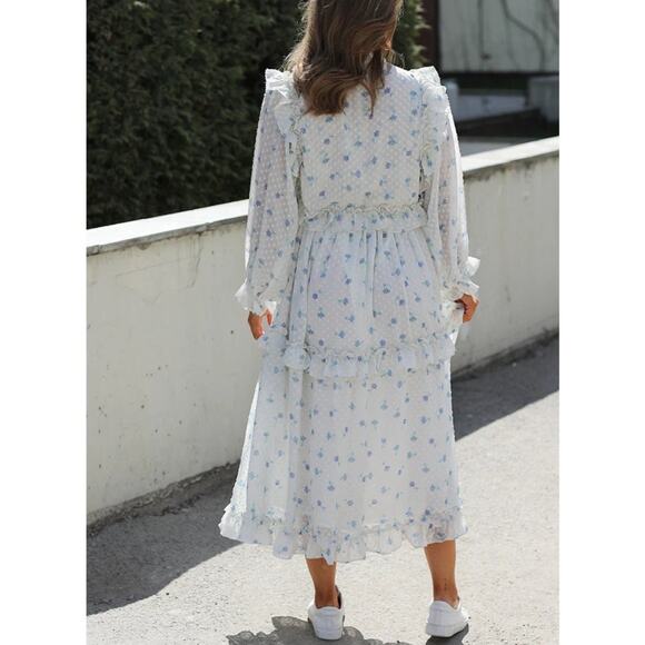 Stella Nova Barbara Dress in Soft Blue Floral Ruffled Tiered Frilly Chiffon Maxi - Picture 5 of 15